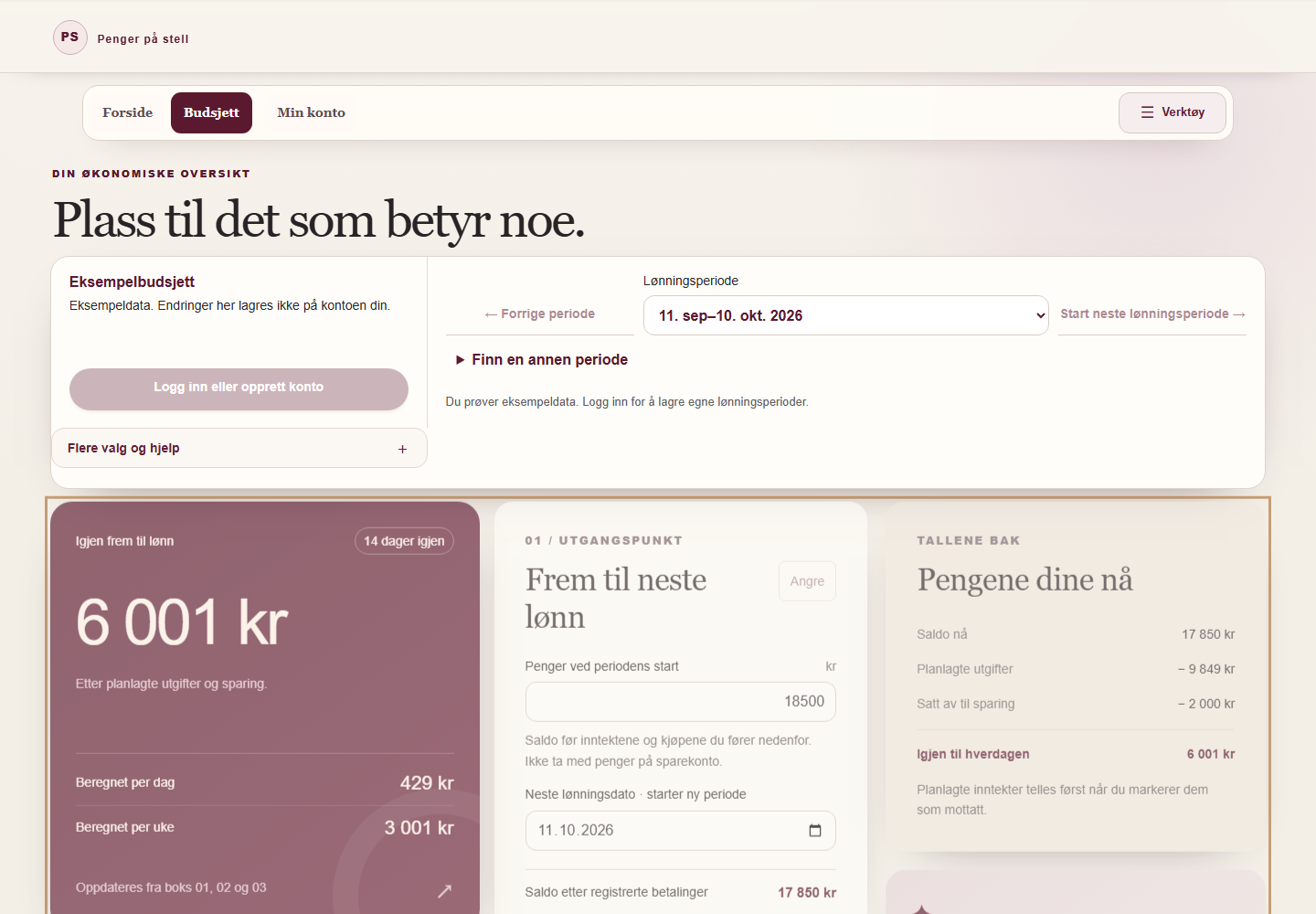 Skjermbilde av Penger på stell sitt lønningsbudsjett med eksempeldata